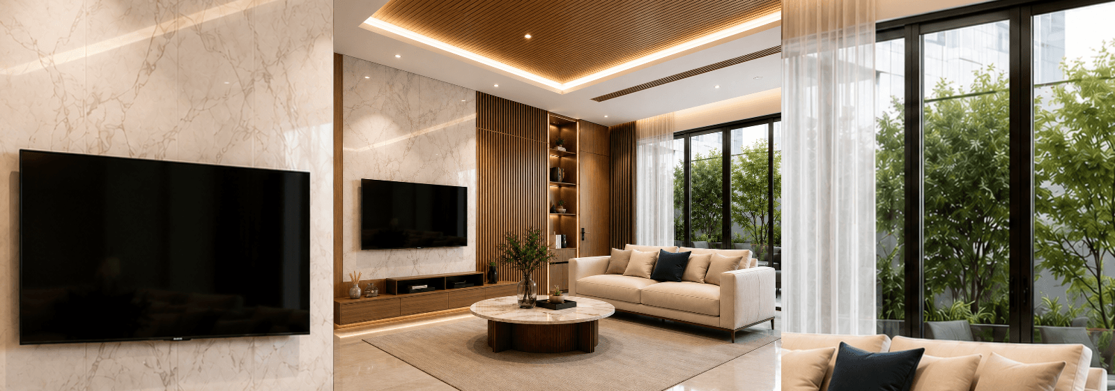 Interior ruang keluarga dengan plafon PVC dan panel dinding dari Dunia Plafon Polymer