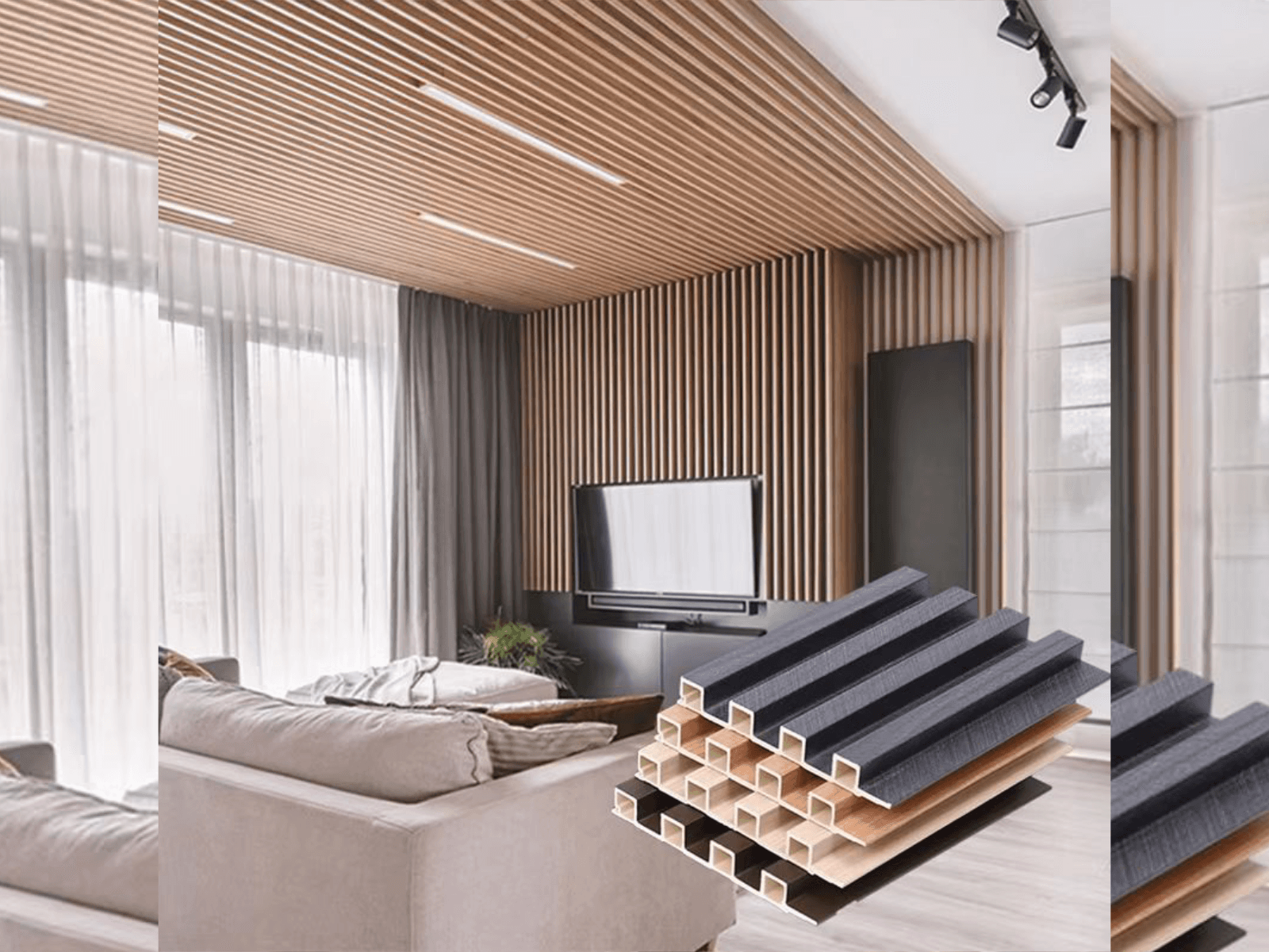 WPC wall panel bertekstur kayu pada dinding interior
