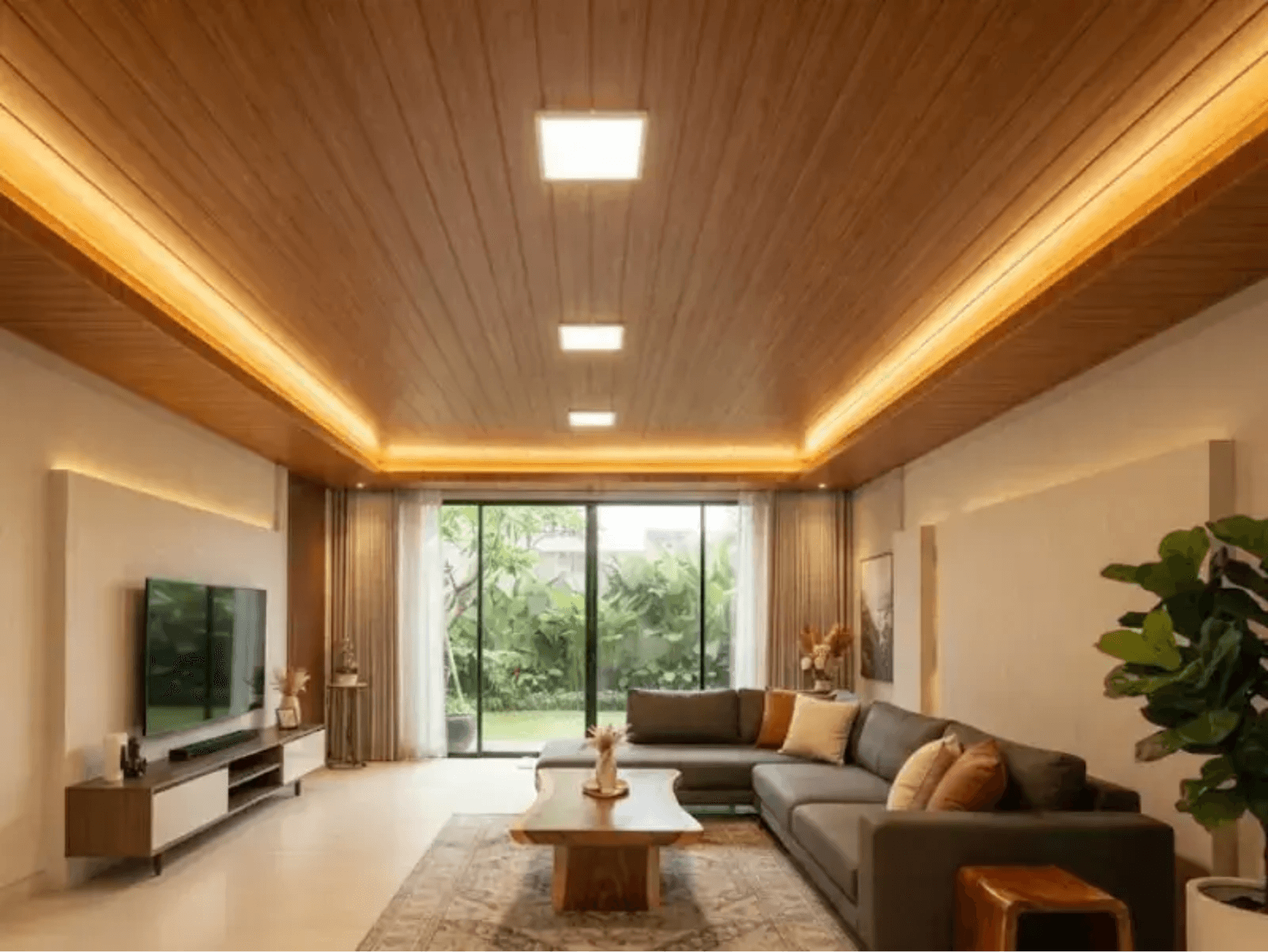 Plafon PVC terpasang pada langit-langit ruangan interior